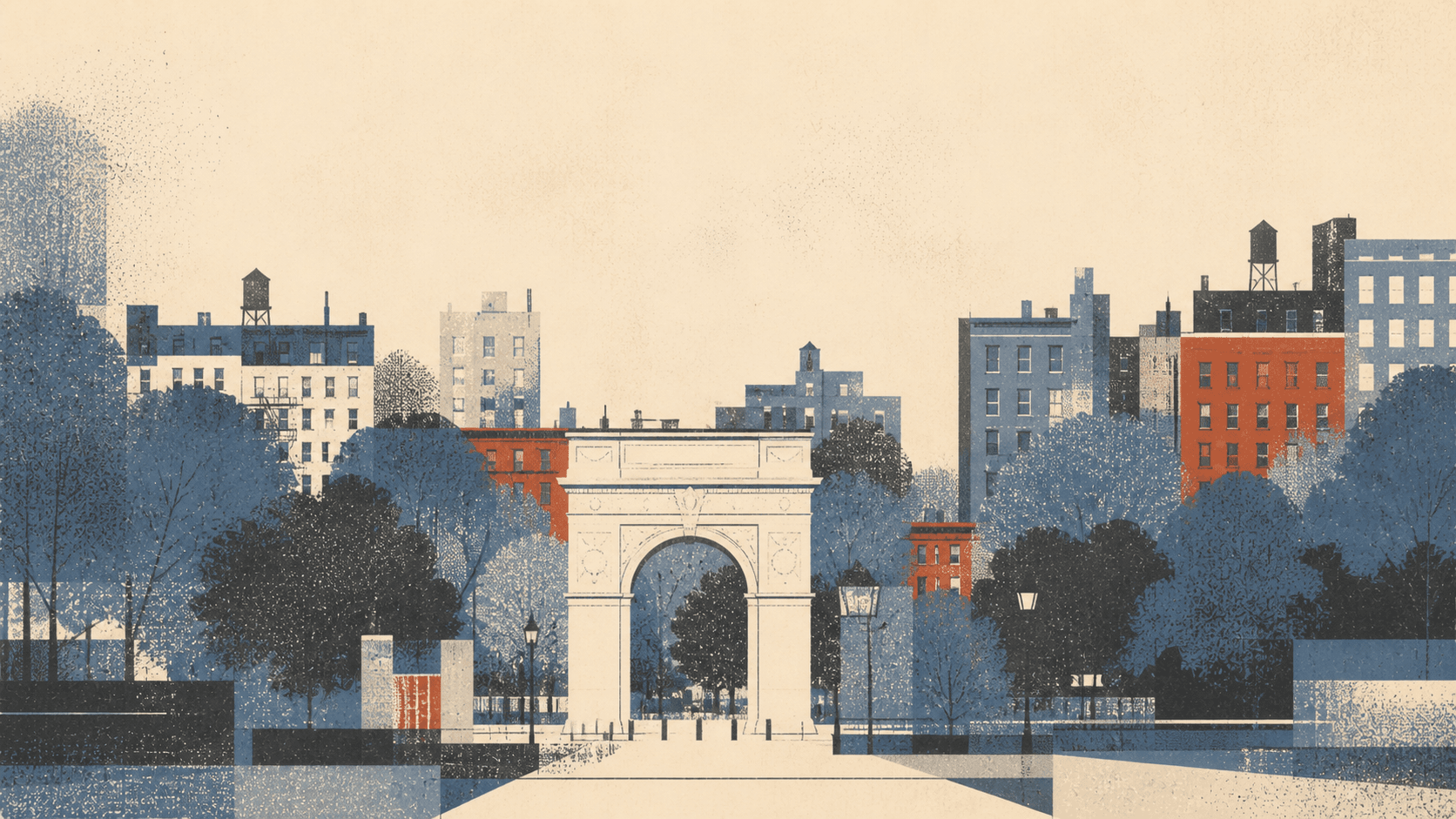 A textured print of Washington Square Arch framed by trees and Village buildings